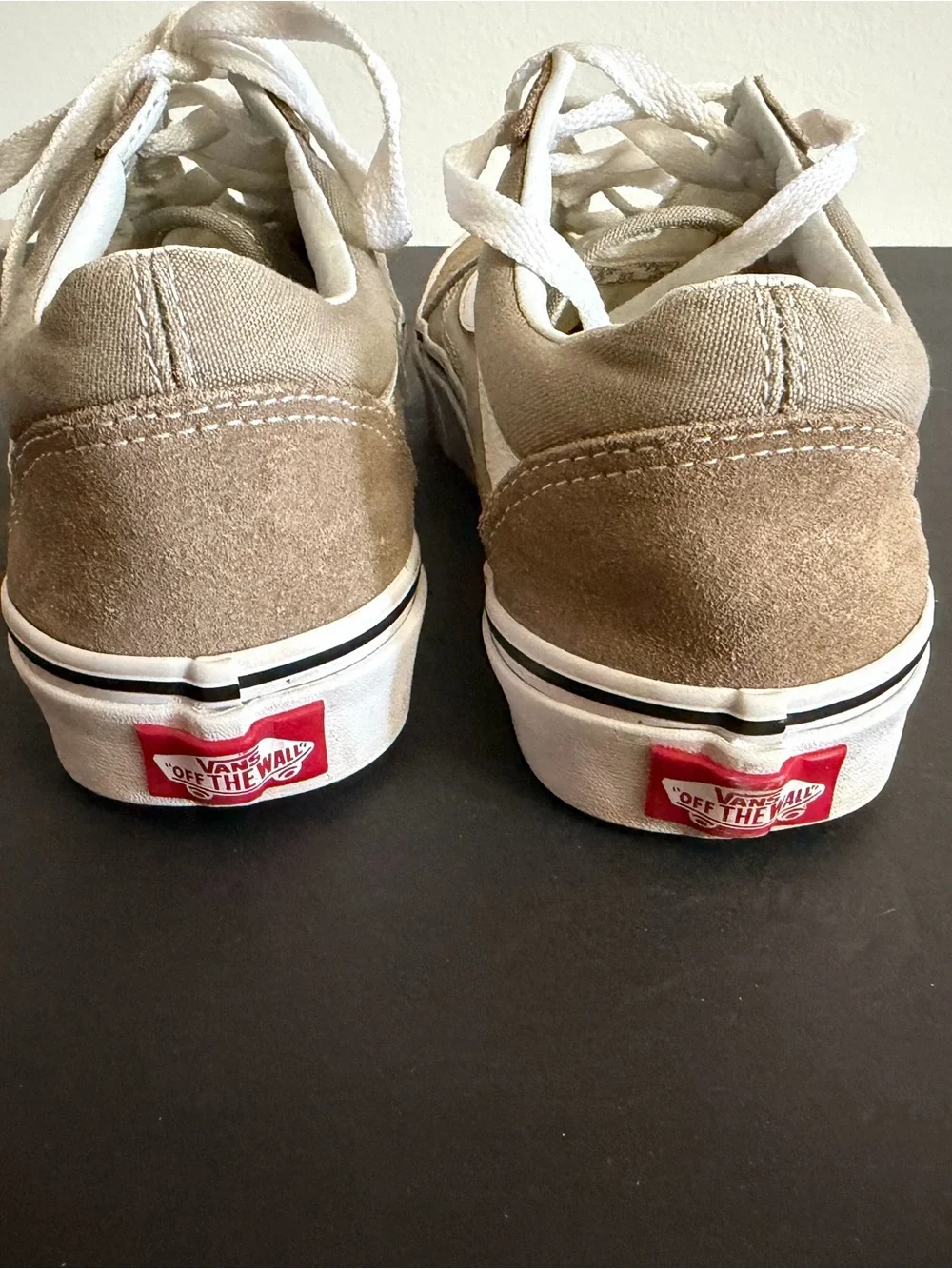 Vans tan and cream sneaker tongue label